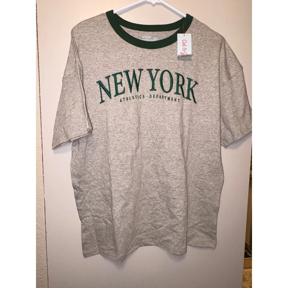 Cat &‎ Jack Boys New York Athletics Ringer Tee Gray Green XL 14 Husky NWT